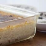 This Baked Rice Pudding with a brulee topping is rich with eggs, sugar, raisins, and milk. https://www.lanascooking.com/baked-rice-pudding/