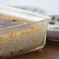 This Baked Rice Pudding with a brulee topping is rich with eggs, sugar, raisins, and milk. https://www.lanascooking.com/baked-rice-pudding/