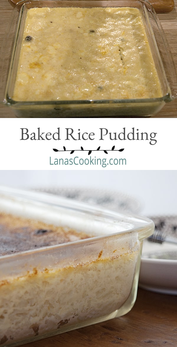 This Baked Rice Pudding with a brulee topping is rich with eggs, sugar, raisins, and milk.  https://www.lanascooking.com/baked-rice-pudding/