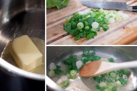 Sauteing green onions in butter.