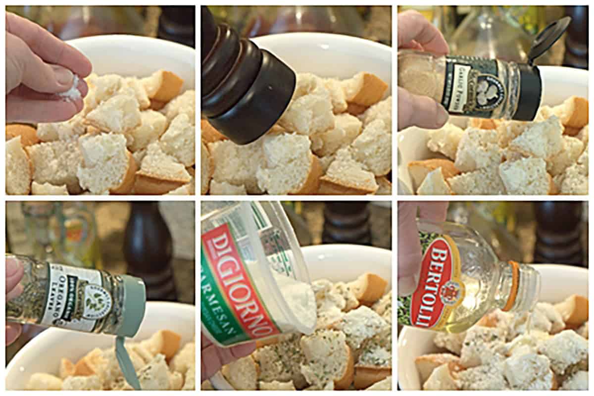 Six-panel collage shows ingredients being added to a bowl of bread cubes, including spices, cheese, and oil.