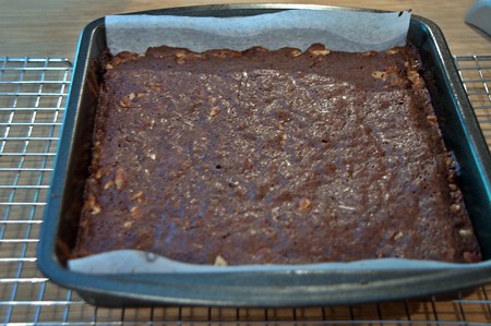 Cooling brownies on a wire rack.