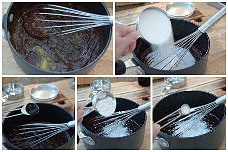Caramel Pecan Brownies Photo collage showing the addition of the remaining ingredients.