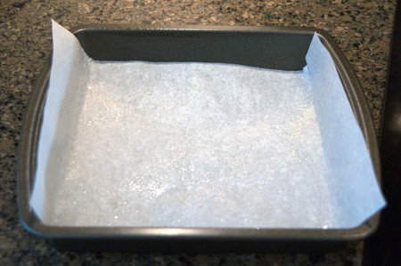 Baking pan lined with parchment paper.