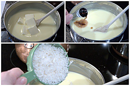 Adding butter, vanilla, and coconut to the custard.