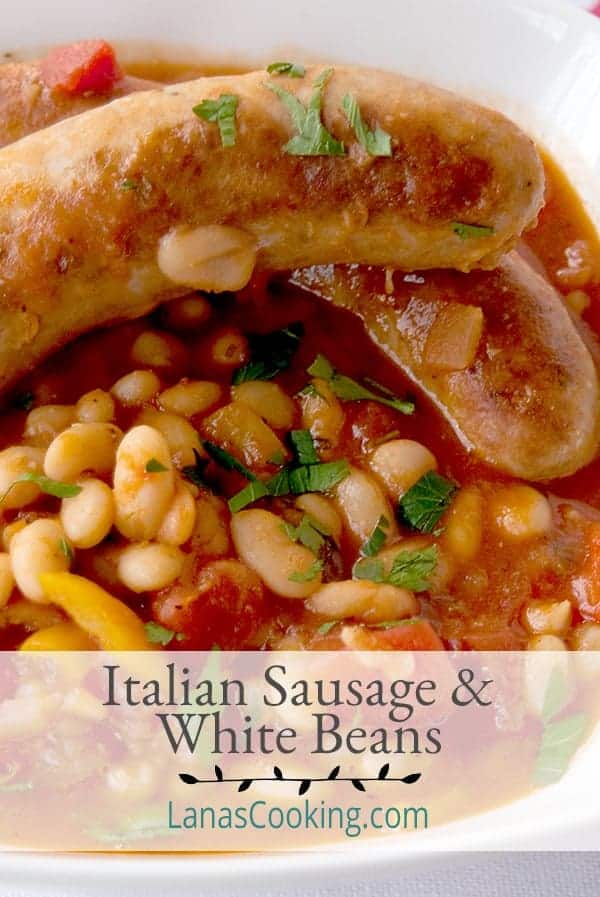 Italian Sausage and White Beans in a serving bowl.
