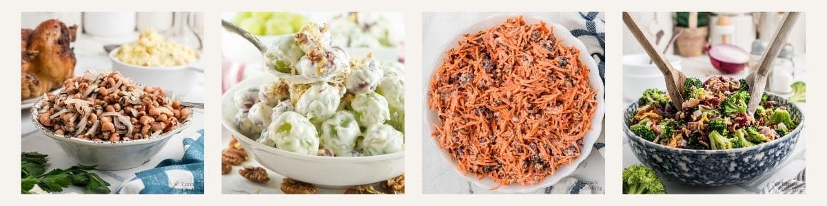 Four bowls of different salads, including bean, grape, carrot, and broccoli salad, are displayed on a white table.