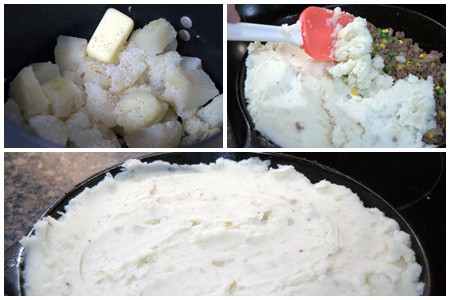 Photo collage illustrating making and applying the mashed potatoes.