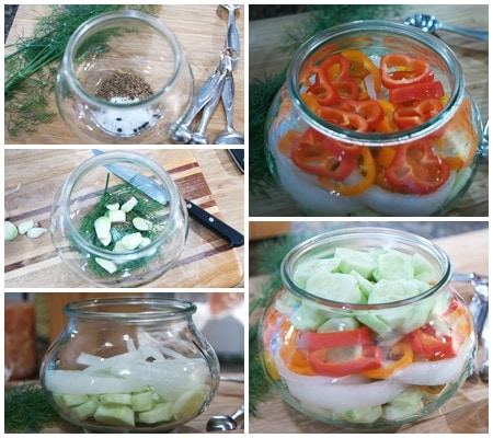 Photo collage showing stages of packing the vegetables and seasonings into a glass jar.