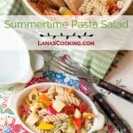 Summertime Pasta Salad - a cold pasta salad packed with fresh veggies and lightly dressed with a parmesan and garlic dressing. https://www.lanascooking.com/summertime-pasta-salad/
