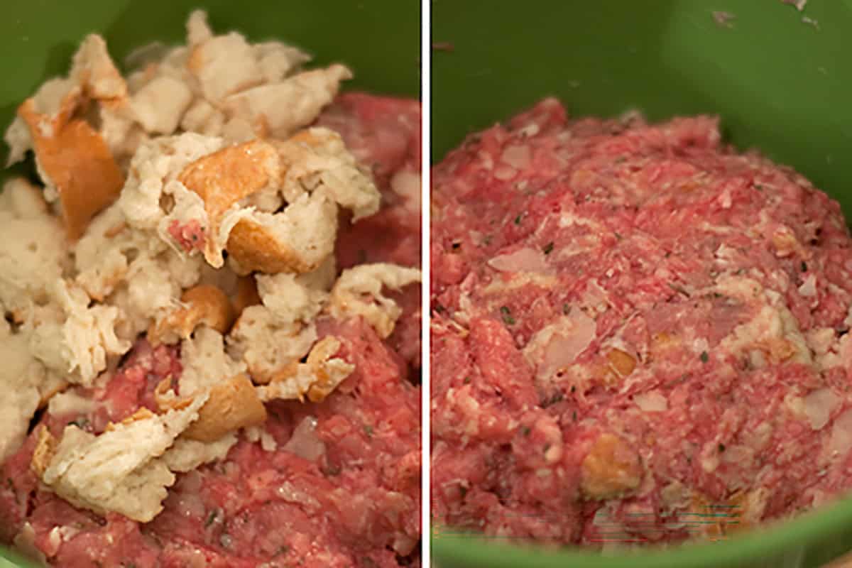 Two side-by-side images show a green bowl with ground meat and pieces of bread on the left, and the same ingredients mixed together on the right, forming a uniform meat mixture.