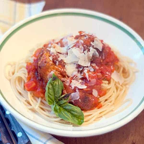 baked meatballs and spaghetti