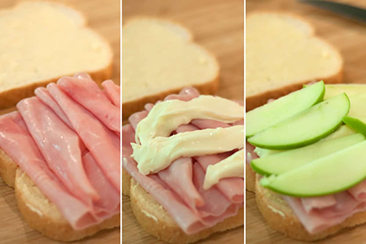 Three-step photo: sandwich with ham, then brie, then topped with green apple slices on bread.