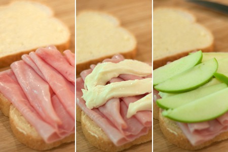 Photo collage showing construction of the sandwich.