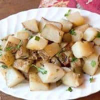 Roasted Potato Salad with Garlic and Rosemary tossed with dijon mustard and lemon juice. https://www.lanascooking.com/roasted-potato-salad/