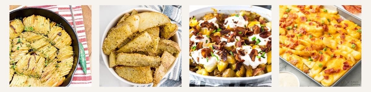 Four dishes of potato-based foods: crispy baked hasselback potatoes, breaded potato wedges, loaded fries with toppings, and cheesy bacon fries on a baking sheet.