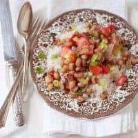 A serving of Hoppin' John on a dinner plate.