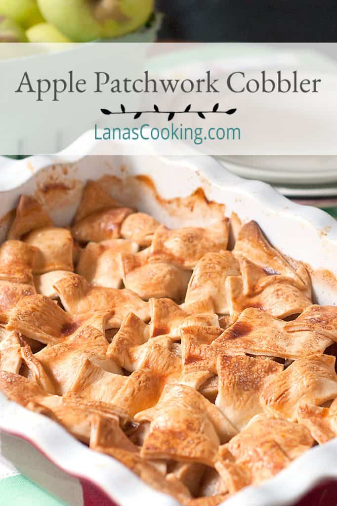 Apple Patchwork Cobbler in a baking dish with serving plates in the background. Text overlay for pinning.