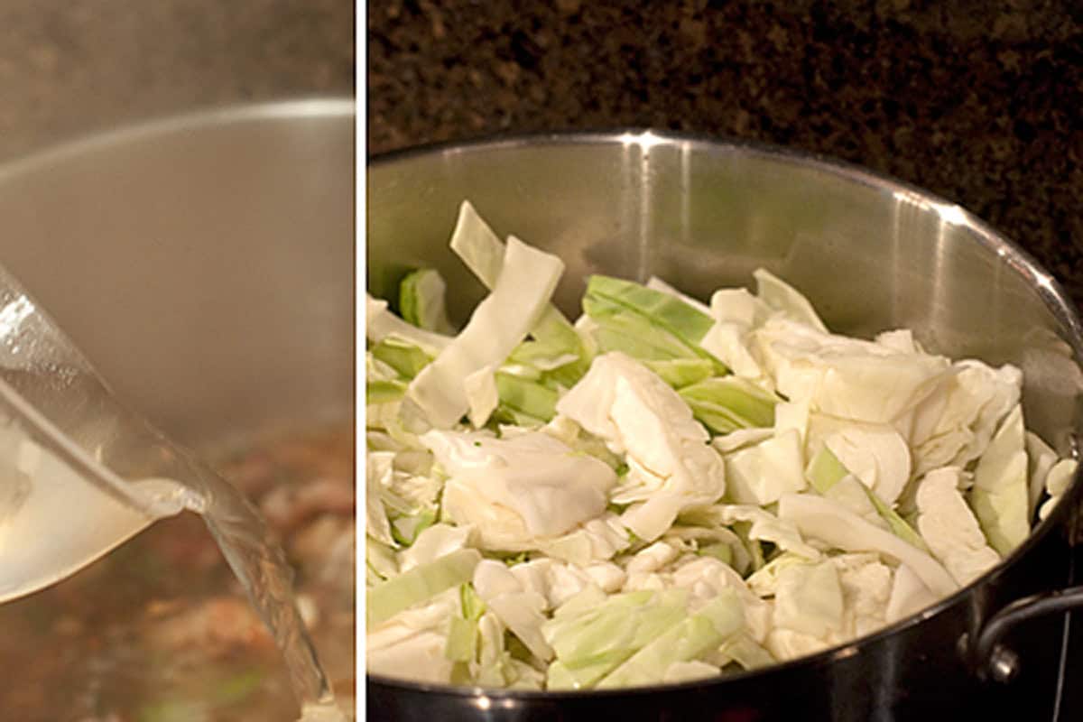 Add chicken stock and cabbage Water being poured into a pot on the left; chopped cabbage cooking in a pot on the right.
