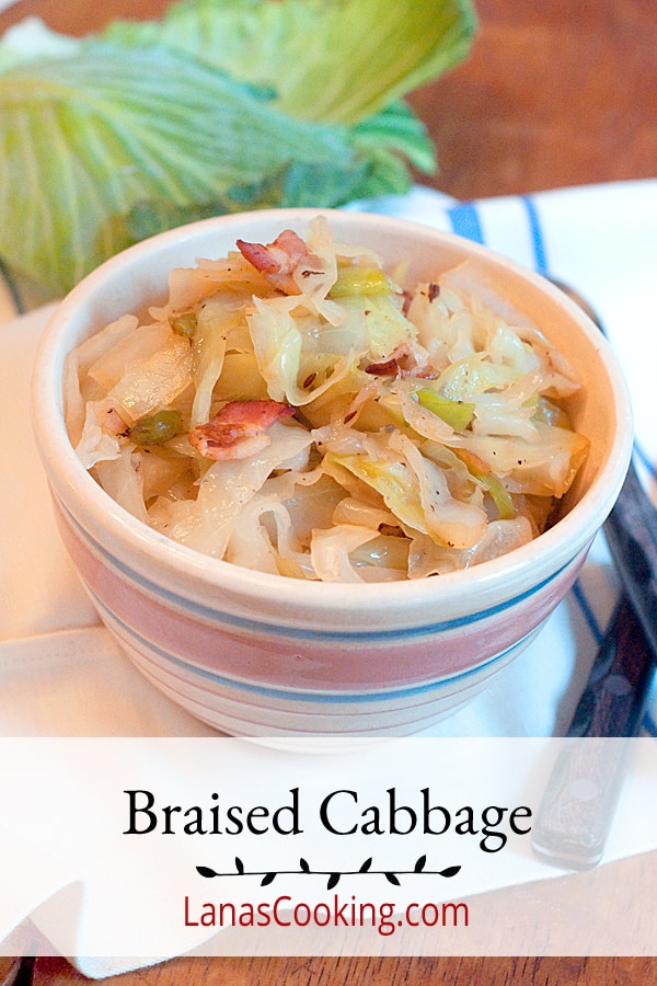 Braised Cabbage - Tender cabbage cooked with bacon and caraway seeds is easy to make and great for you. Excellent source of vitamin C. https://www.lanascooking.com/braised-cabbage/