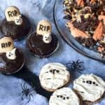 Three unique ideas for Kid-Friendly Halloween Fun including candy-corn colored chocolate bark, graveyard cupcakes and mummy cookies. https://www.lanascooking.com/kid-friendly-halloween-fun/