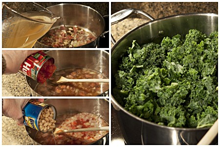 Photo collage showing the addition of stock, tomatoes, beans, and kale to the pot.