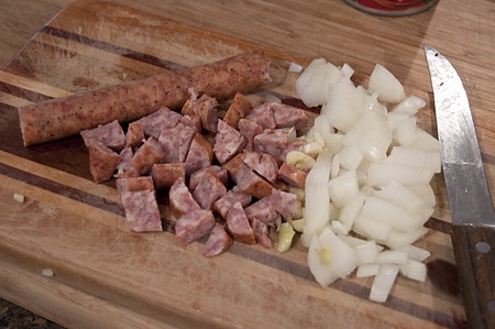 Diced sausage, onions and garlic.
