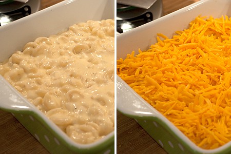 Macaroni and cheese mixture in a baking dish.