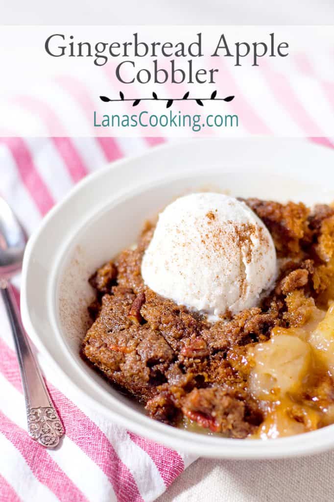 A white serving bowl filled with cobbler and a scoop of vanilla ice cream. Text overlay for pinning.