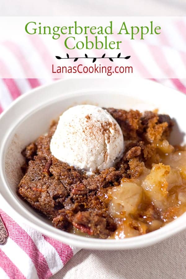 This gingerbread apple cobbler has layers of apple pie filling, soft gingerbread and crunchy pecan streusel for an easy to prepare, family friendly dessert. https://www.lanascooking.com/gingerbread-apple-cobbler/