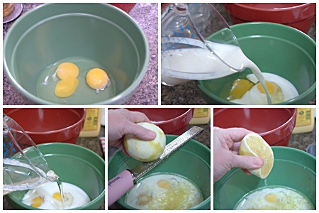 Adding wet ingredients to mixing bowl.