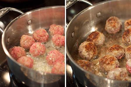 Cooking meatballs in a skillet.