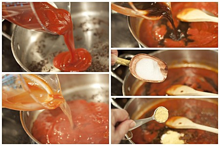 Making sauce for meatballs in skillet.