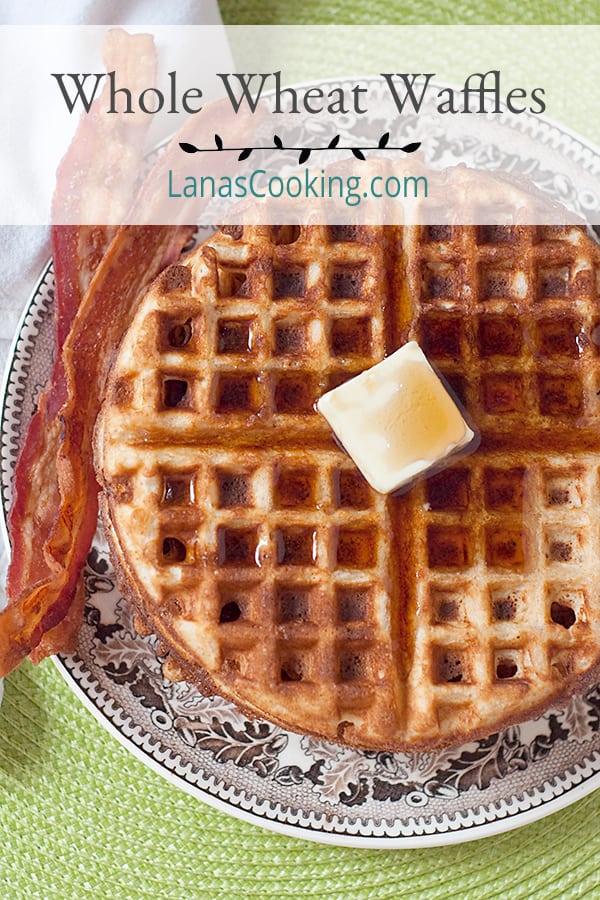 Whole Wheat Waffles - my classic recipe for healthier breakfast waffles. For variety, add fresh fruit or go savory with crumbled bacon and cheese. https://www.lanascooking.com/whole-wheat-waffles/