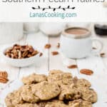 Pecan pralines on a white serving plate.