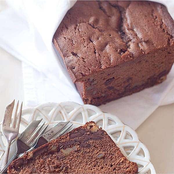 Chocolate Walnut Pound Cake - A rich, moist pound cake with walnuts and a double dose of chocolate. https://www.lanascooking.com/chocolate-walnut-pound-cake/