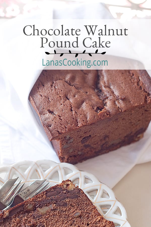 Chocolate Walnut Pound Cake - A rich, moist pound cake with walnuts and a double dose of chocolate. https://www.lanascooking.com/chocolate-walnut-pound-cake/