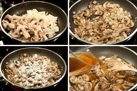 Onions, mushrooms, and seasonings added to the skillet.