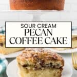 Slices of sour cream coffee cake on a white plate with a gold fork.