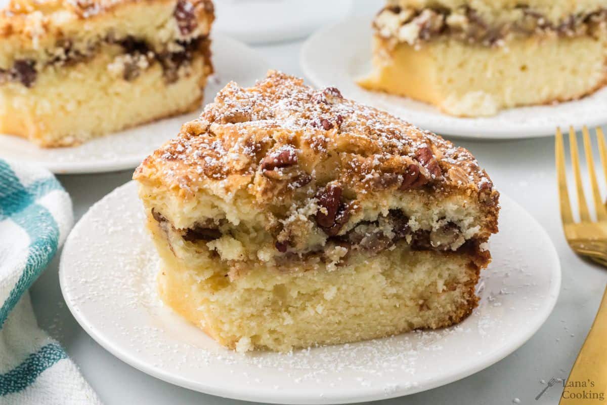 A slice of Sour Cream Pecan Coffee cake on a white plate with a gold fork.