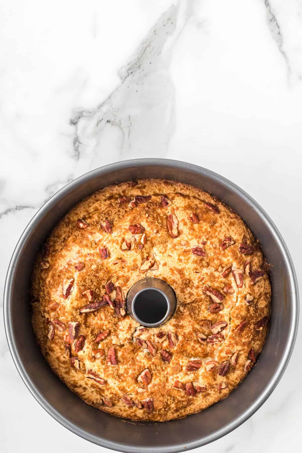 Baked coffee cake after coming out of the oven.