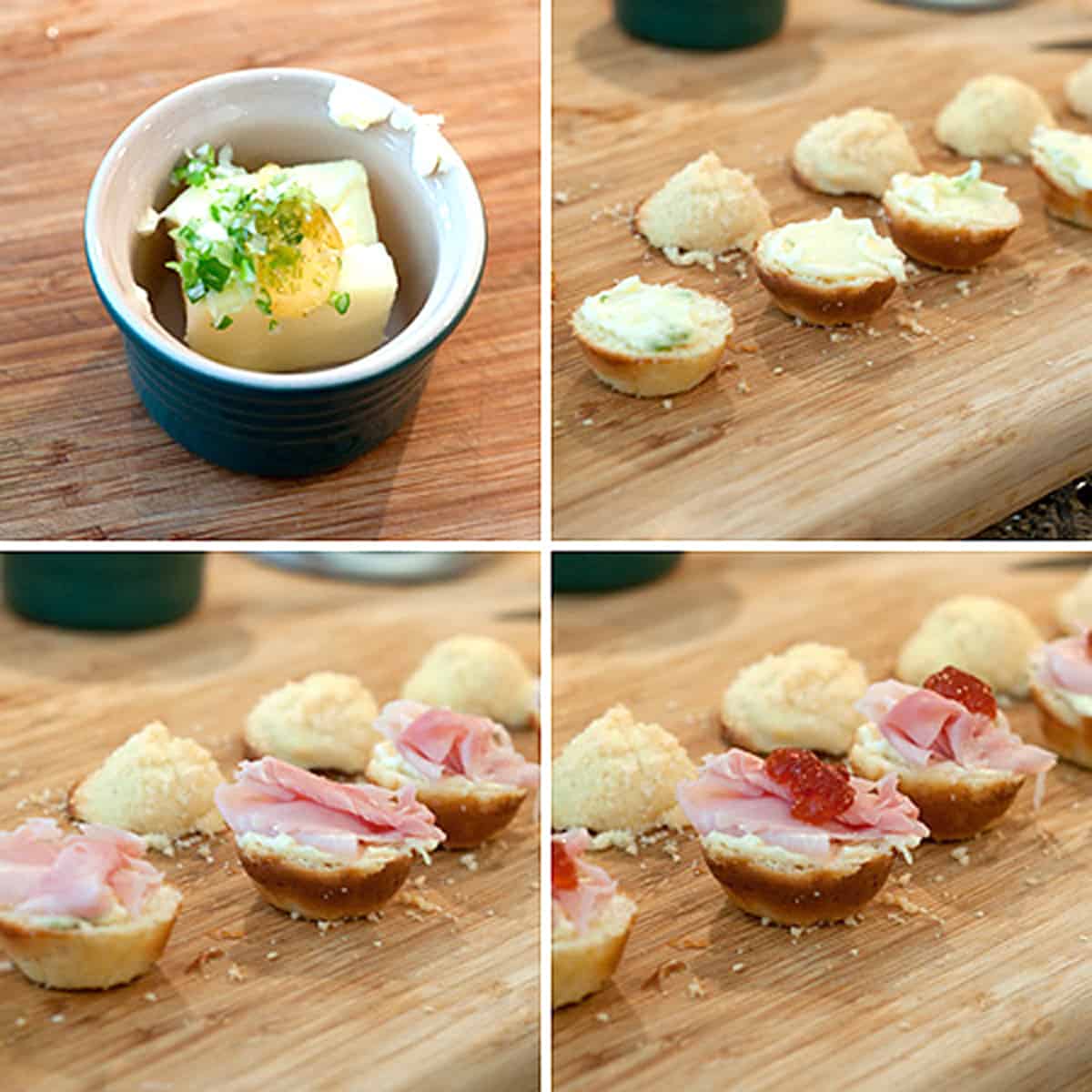 Collage showing how to assemble cornbread and ham muffins.