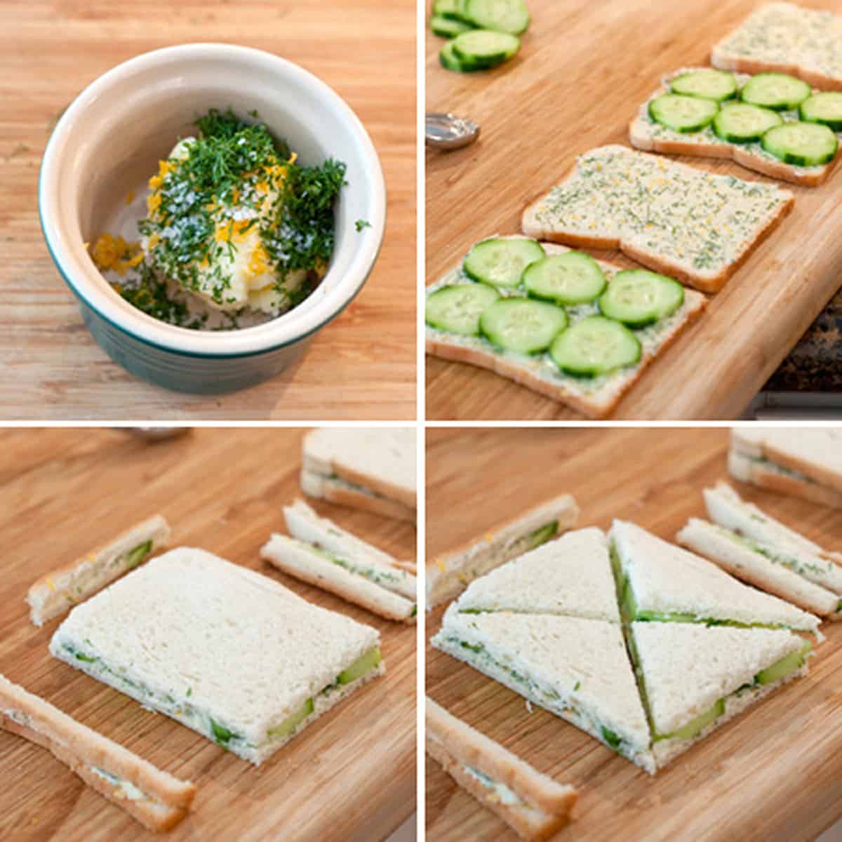 Collage showing how to make cucumber sandwiches.