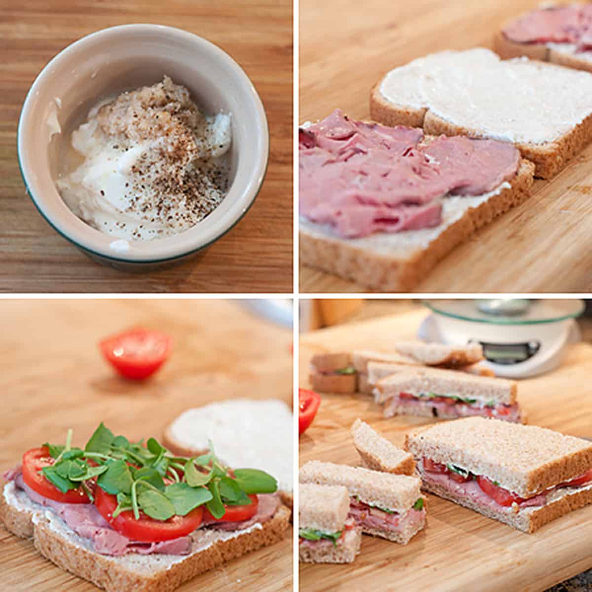 Collage showing how to assemble roast beef sandwiches.