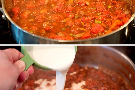 Making sauce in a skillet.