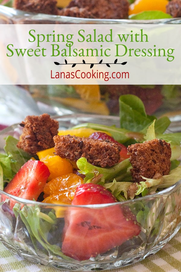 This spring salad with strawberries, full of lovely fresh flavors, is tossed with a sweet balsamic dressing, croutons, and Parmesan cheese. https://www.lanascooking.com/spring-salad-with-strawberries-and-sweet-balsamic-dressing/