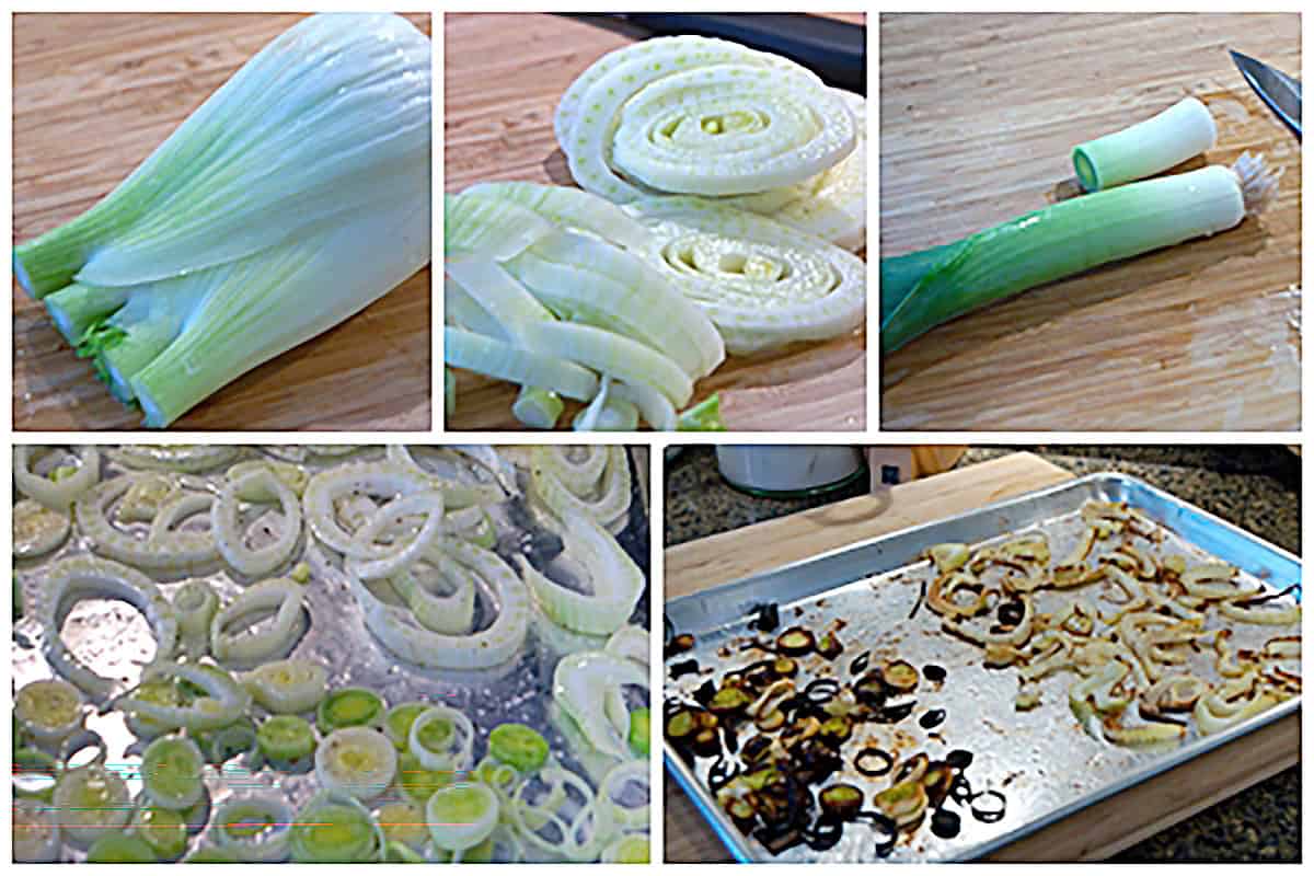 Step-by-step process of slicing and roasting fennel and leeks on a baking sheet.