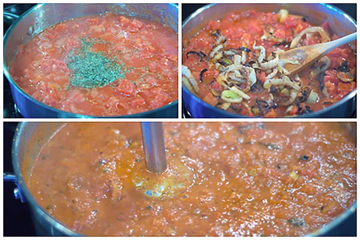 Three-panel image: tomato soup cooking, with herbs, roasted fennel and leeks, and being blended with an immersion blender.