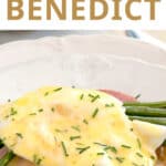 Country eggs benedict on a white serving plate.