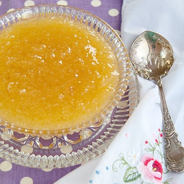 Jezebel sauce in a glass serving dish.